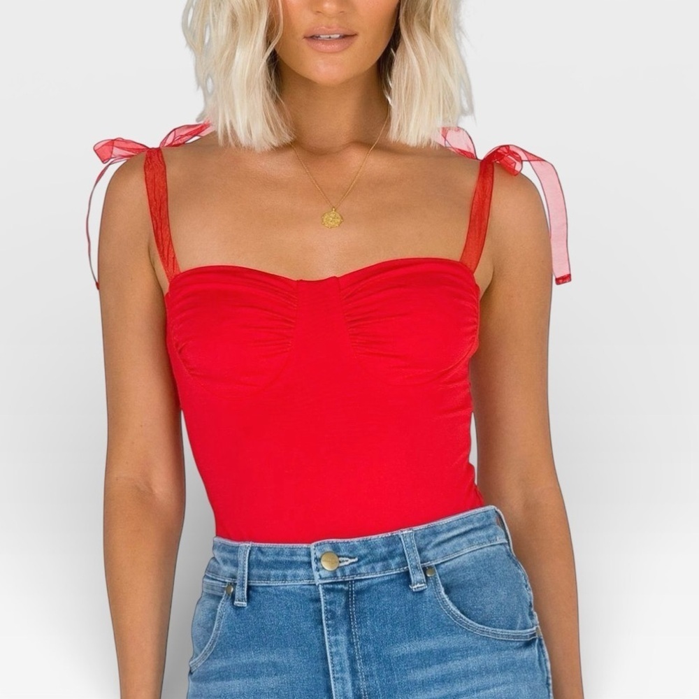 Princess Polly Jena double lined Red Bodysuit with Ribbon Tie Straps US 2